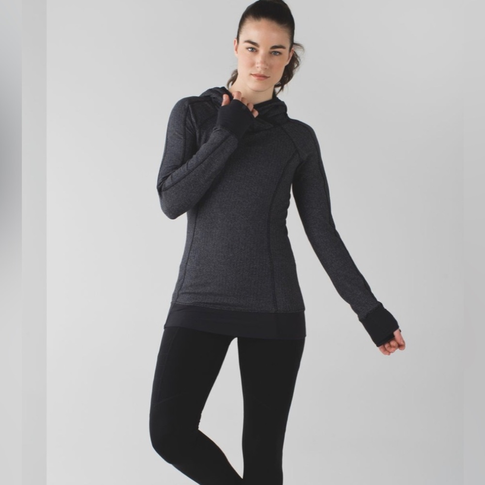Lululemon Heathered Herringbone Black Think Fast Hoodie.  Size 4